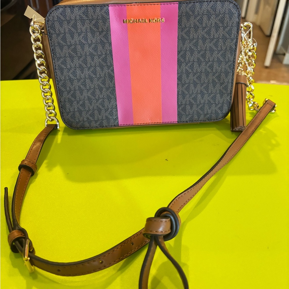 Michael Kors Pink and Brown Crossbody Bag with Monogram Pattern
